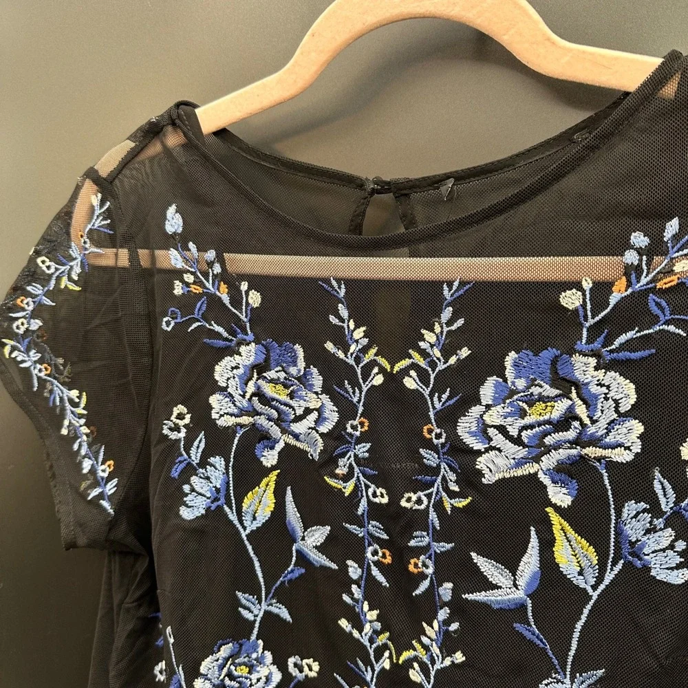 White House Black Market Embroidered Mesh Top with Camisole Black Blue Floral SP